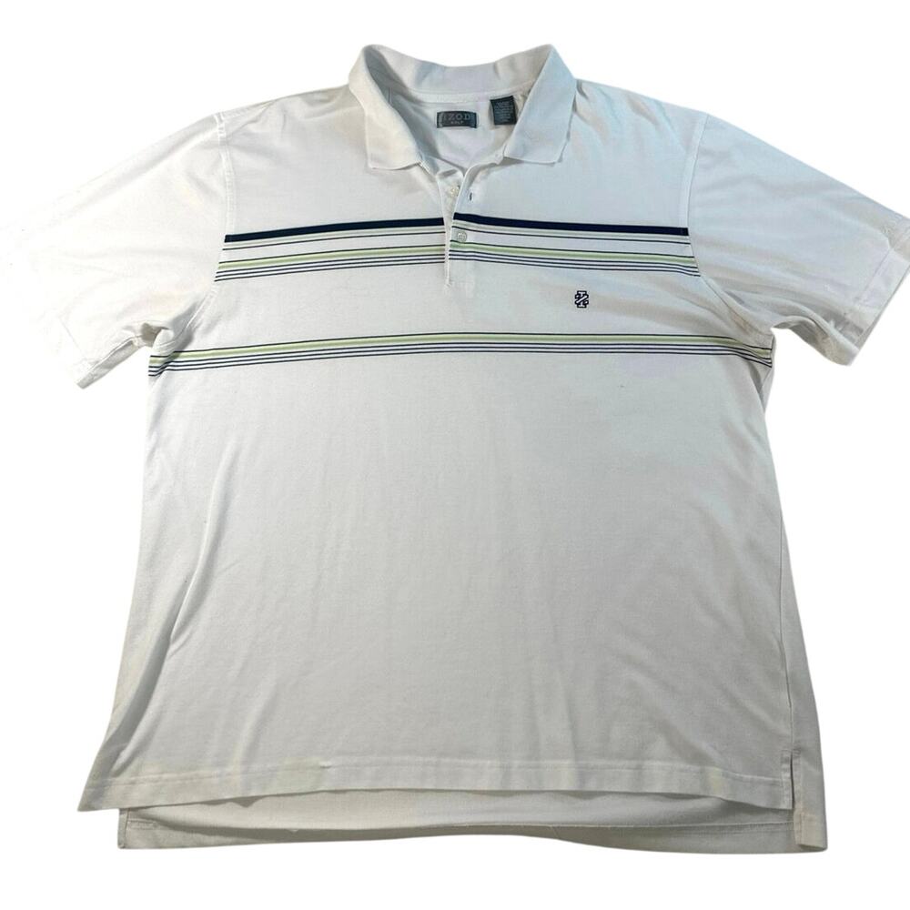 Izod Golf Polo Shirt Mens Size XXL white with navy & green pin stripes